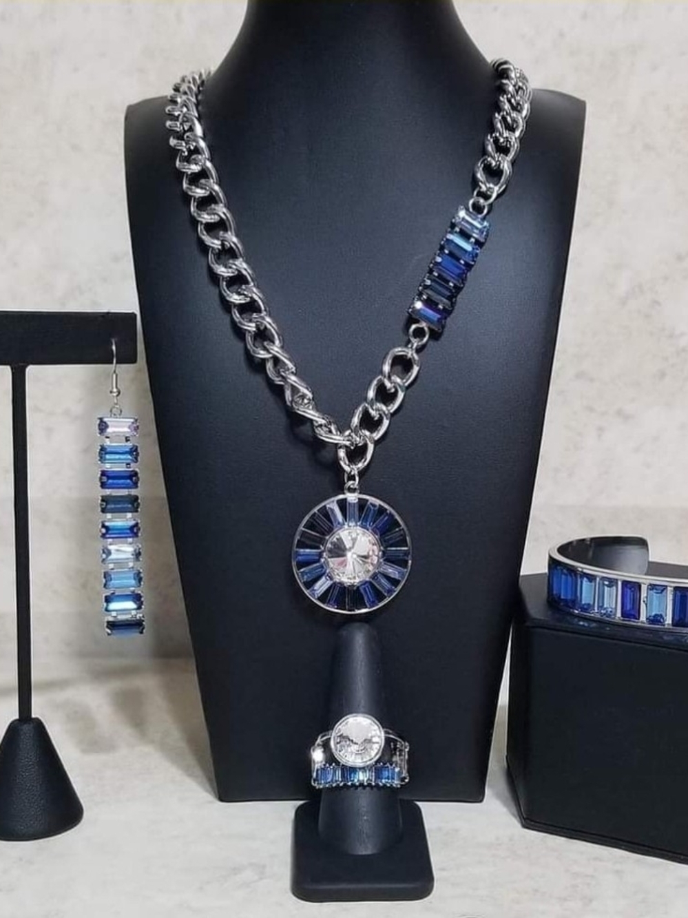 Silver Necklace Bracelet Earrings Ring Set with Multi-Blue Crystal Medallion